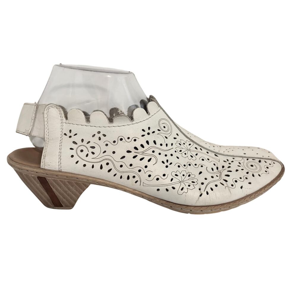 Rieker White Laser Cut Scalloped Leather Slingback Closed Toe Sandals Boho 41